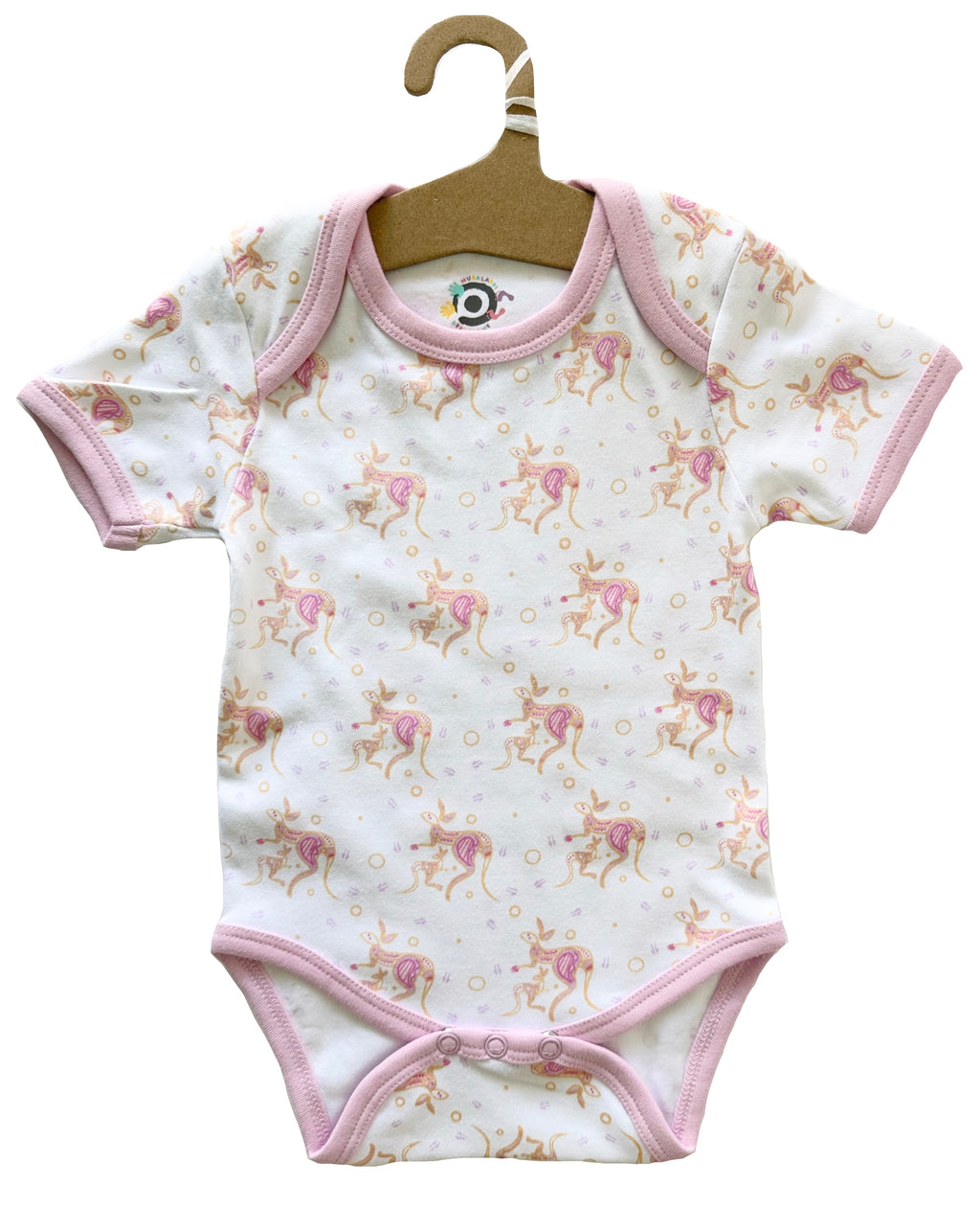 BABY ROMPER + BIB - ABORIGINAL ART - KANGAROO - PINK - 3-6 MONTHS -  AUSTRALIA, INDIGENOUS, SOUVENIR, GIFT