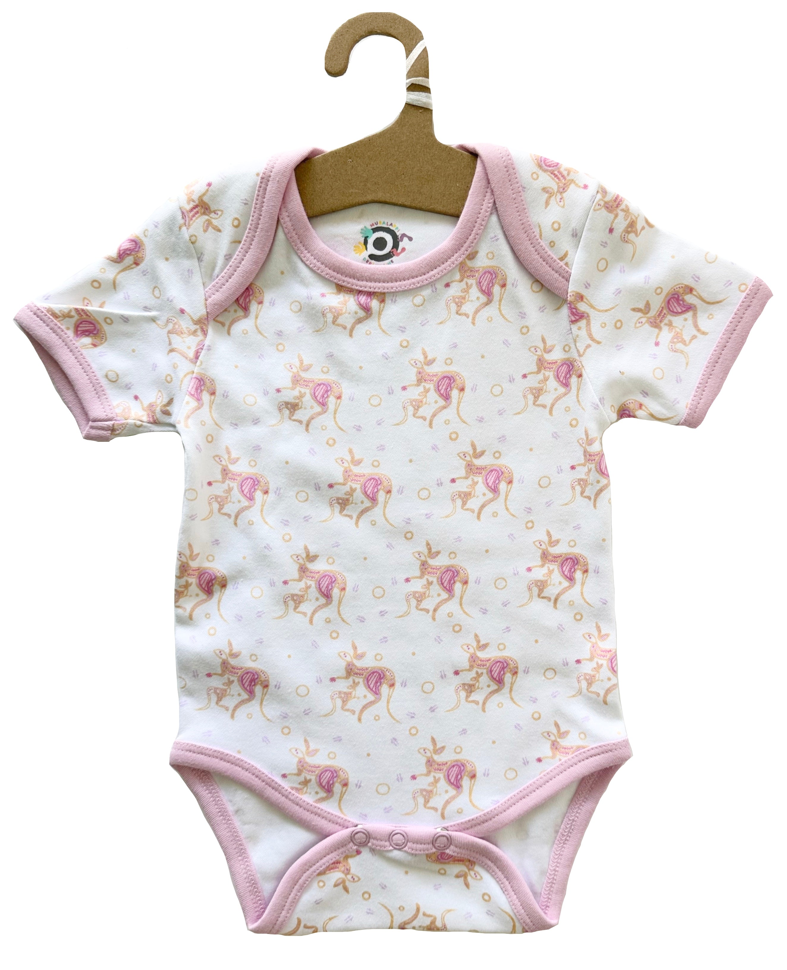 BABY ROMPER + BIB - ABORIGINAL ART - KANGAROO - PINK - 3-6 MONTHS -  AUSTRALIA, INDIGENOUS, SOUVENIR, GIFT