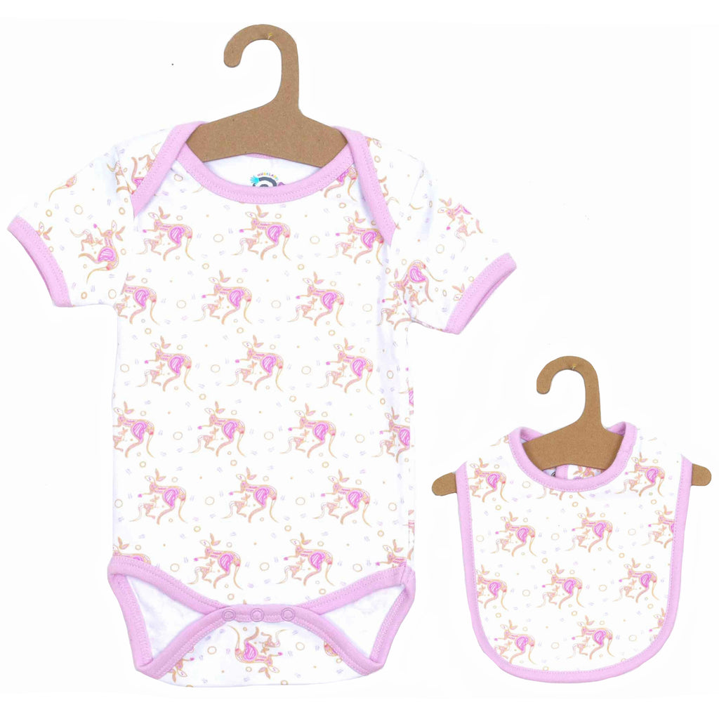 BABY ROMPER + BIB - ABORIGINAL ART - KANGAROO - PINK - 3-6 MONTHS -  AUSTRALIA, INDIGENOUS, SOUVENIR, GIFT