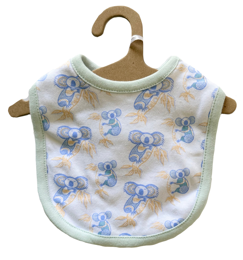 BABY ROMPER + BIB - ABORIGINAL ART - KOALA - BLUE, GREEN - 3-6 MONTHS -  AUSTRALIA, INDIGENOUS, SOUVENIR, GIFT