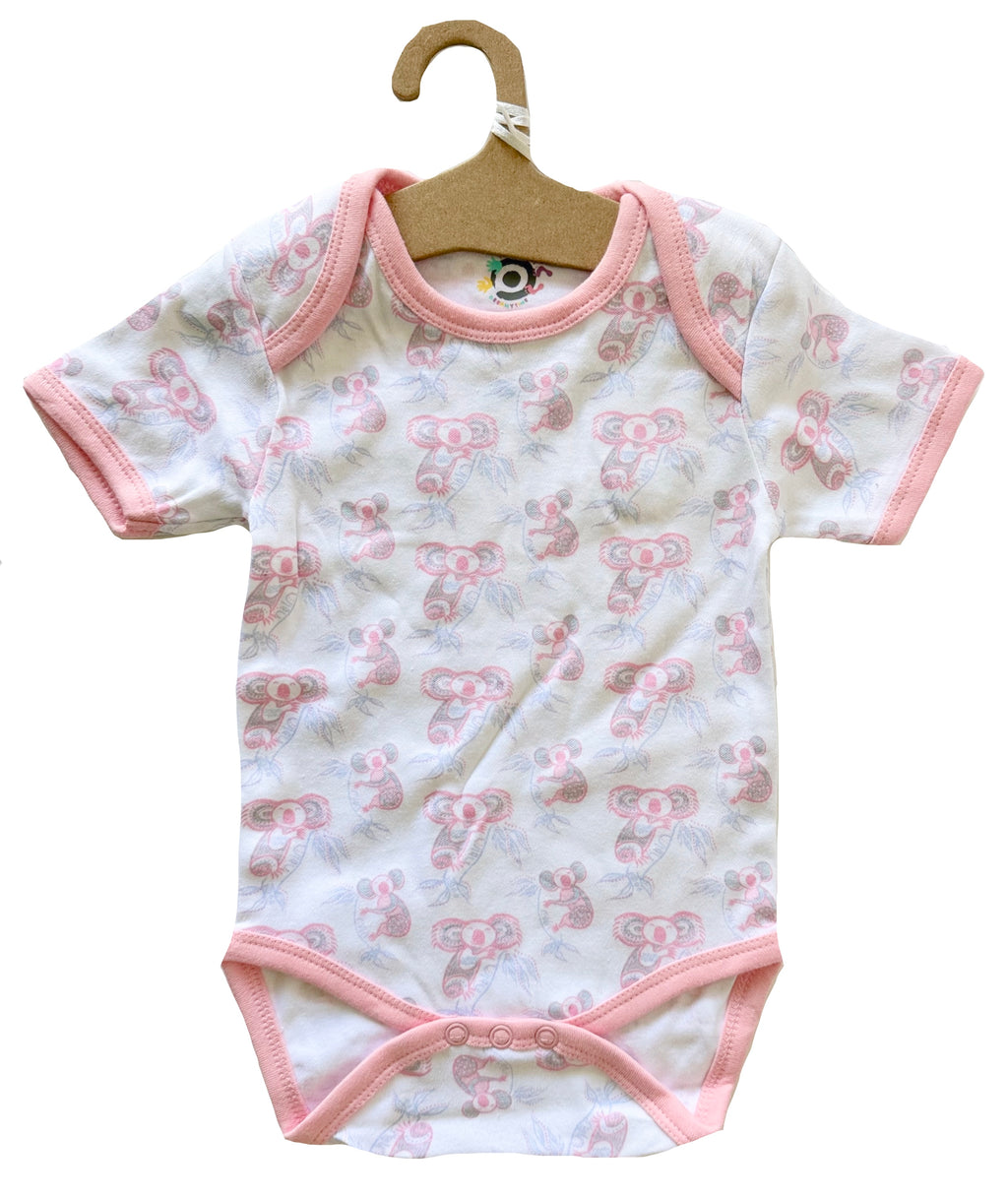 BABY ROMPER + BIB - ABORIGINAL ART - KOALA - PINK - 3-6 MONTHS -  AUSTRALIA, INDIGENOUS, SOUVENIR, GIFT