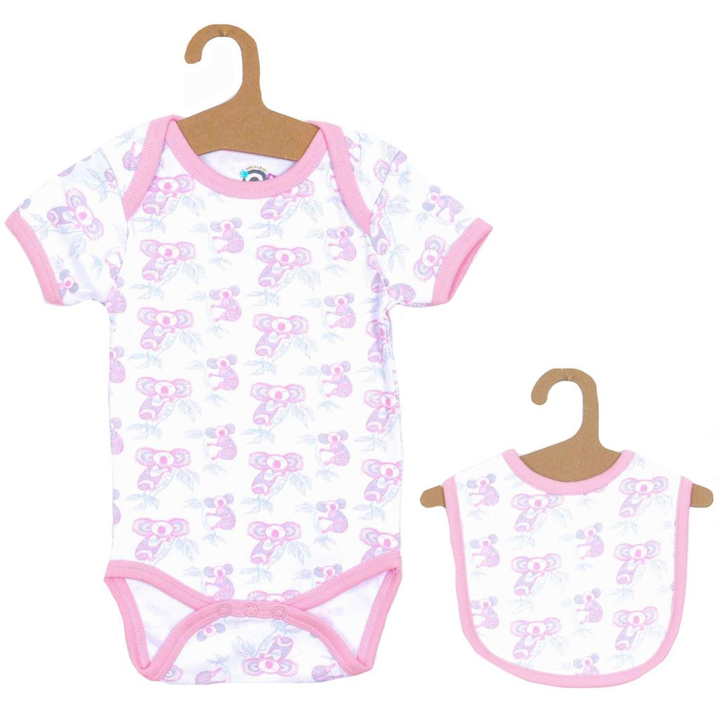 BABY ROMPER + BIB - ABORIGINAL ART - KOALA - PINK - 3-6 MONTHS -  AUSTRALIA, INDIGENOUS, SOUVENIR, GIFT