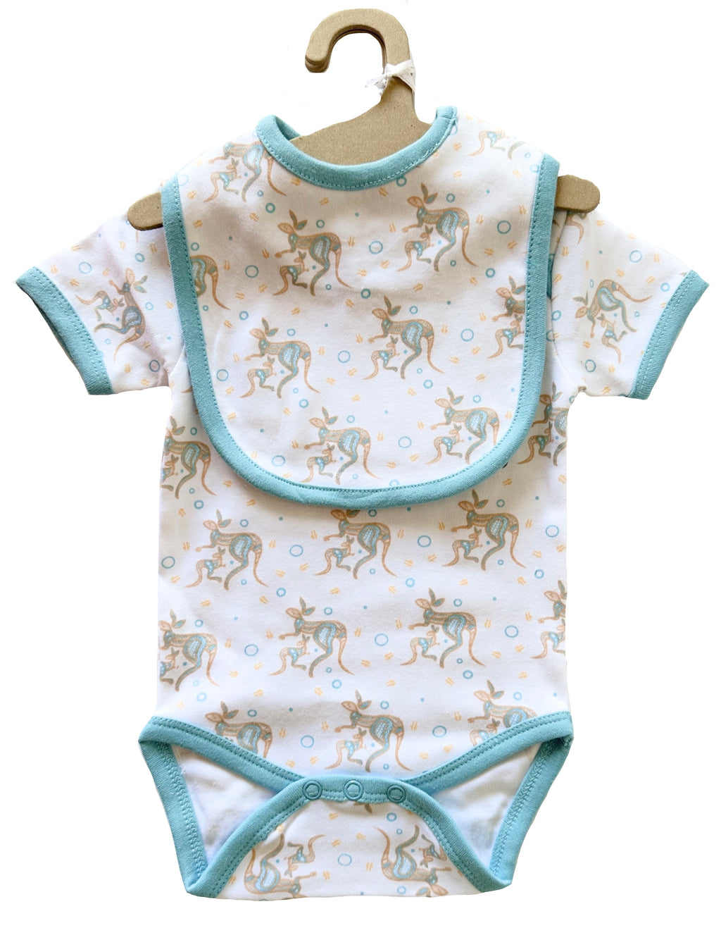 BABY ROMPER + BIB - ABORIGINAL ART - KANGAROO - BLUE, AQUA - 3-6 MONTHS -  AUSTRALIA, INDIGENOUS, SOUVENIR, GIFT