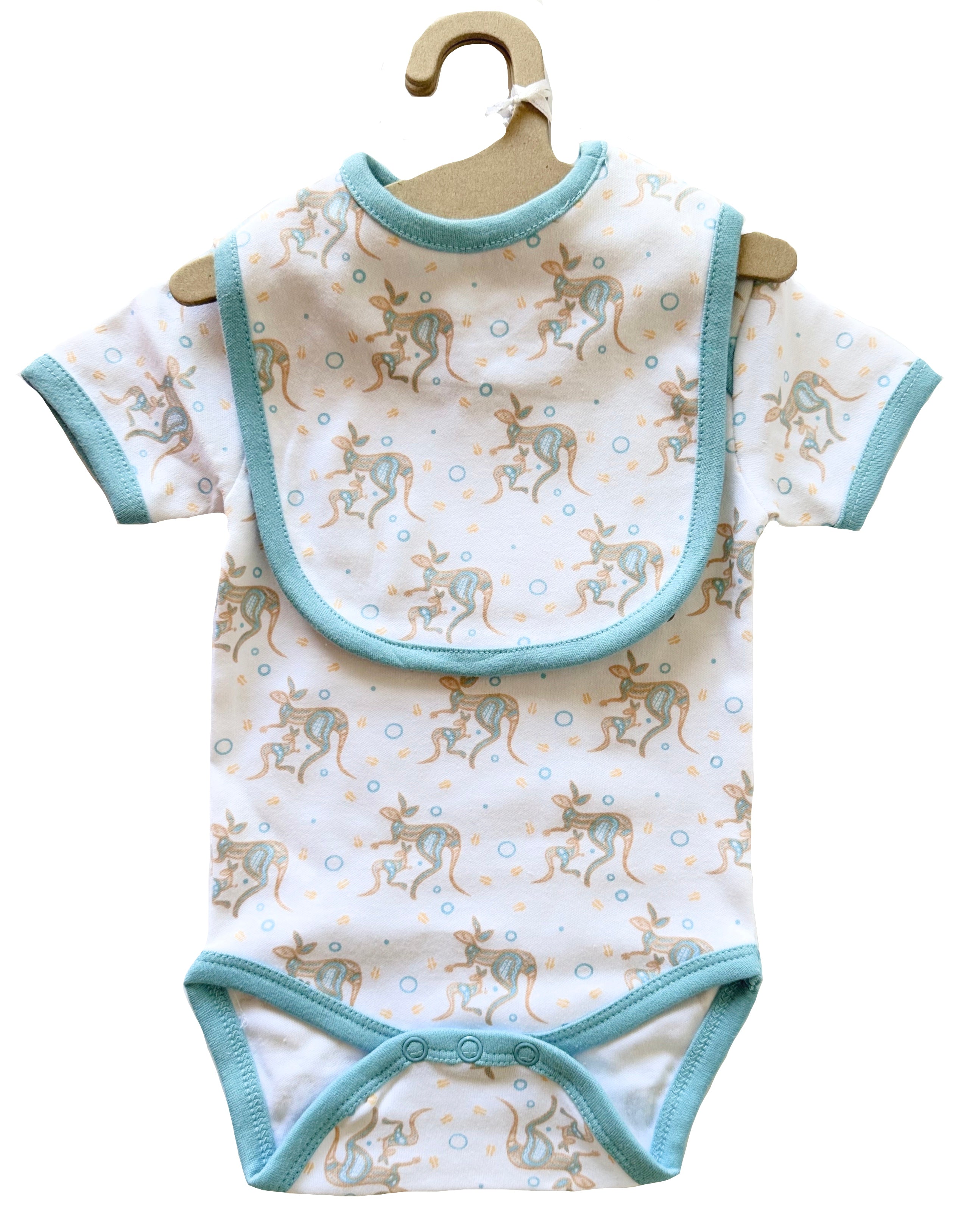 BABY ROMPER + BIB - ABORIGINAL ART - KANGAROO - BLUE, AQUA - 3-6 MONTHS -  AUSTRALIA, INDIGENOUS, SOUVENIR, GIFT