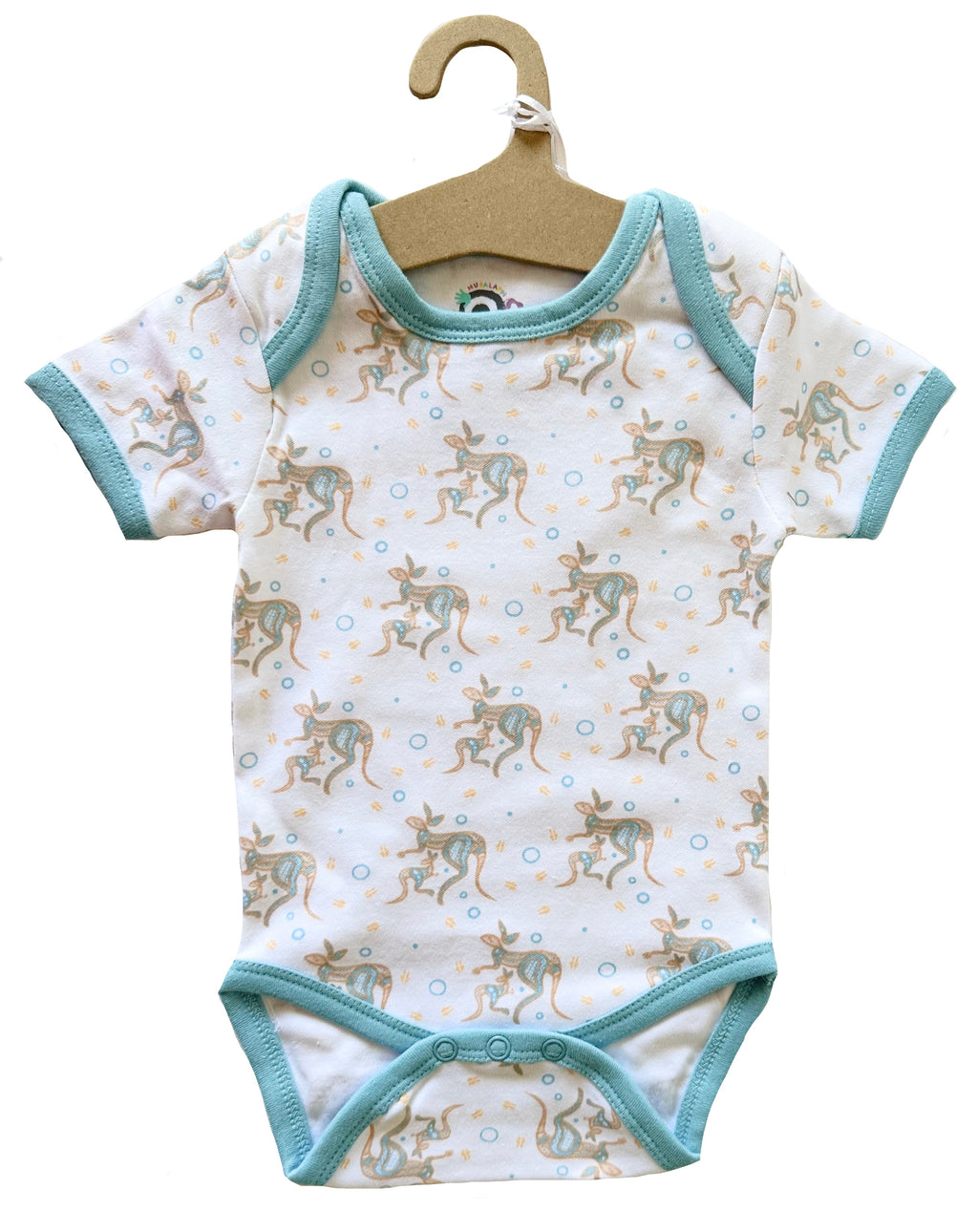 BABY ROMPER + BIB - ABORIGINAL ART - KANGAROO - BLUE, AQUA - 3-6 MONTHS -  AUSTRALIA, INDIGENOUS, SOUVENIR, GIFT