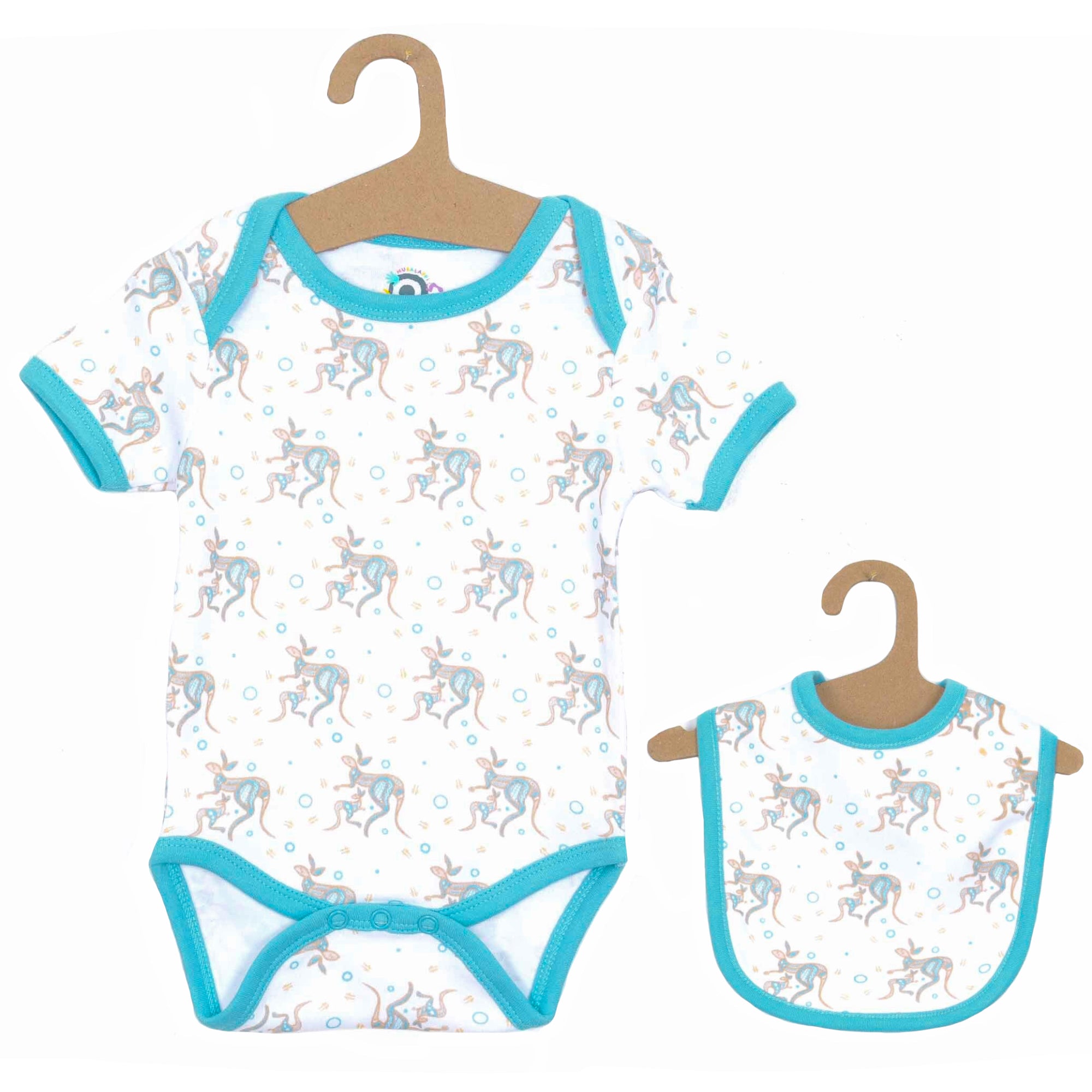 BABY ROMPER + BIB - ABORIGINAL ART - KANGAROO - BLUE, AQUA - 3-6 MONTHS -  AUSTRALIA, INDIGENOUS, SOUVENIR, GIFT