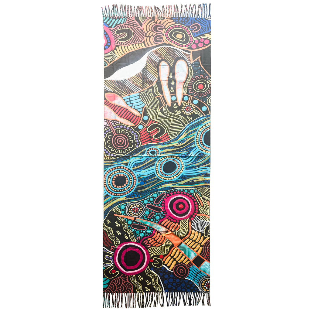 LADIES SCARF - ABORIGINAL ART - WINTER, WARM - JUSTIN BUTLER - AUSTRALIA, INDIGENOUS, SOUVENIR, GIFT