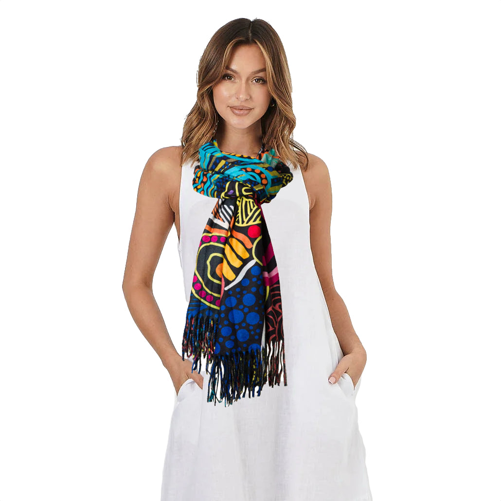 LADIES SCARF - ABORIGINAL ART - WINTER, WARM - JUSTIN BUTLER - AUSTRALIA, INDIGENOUS, SOUVENIR, GIFT