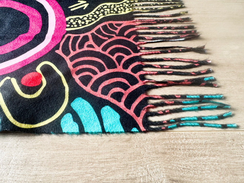 LADIES SCARF - ABORIGINAL ART - WINTER, WARM - JUSTIN BUTLER - AUSTRALIA, INDIGENOUS, SOUVENIR, GIFT