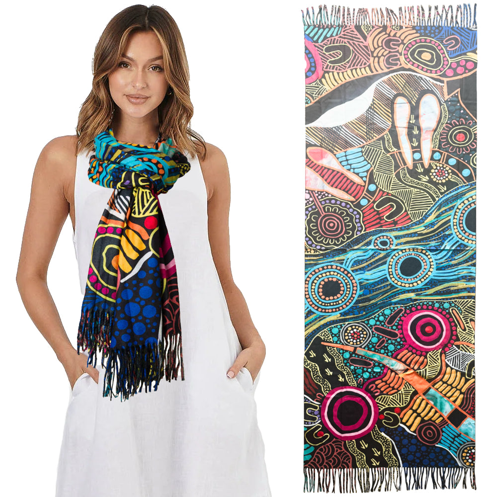 LADIES SCARF - ABORIGINAL ART - WINTER, WARM - JUSTIN BUTLER - AUSTRALIA, INDIGENOUS, SOUVENIR, GIFT