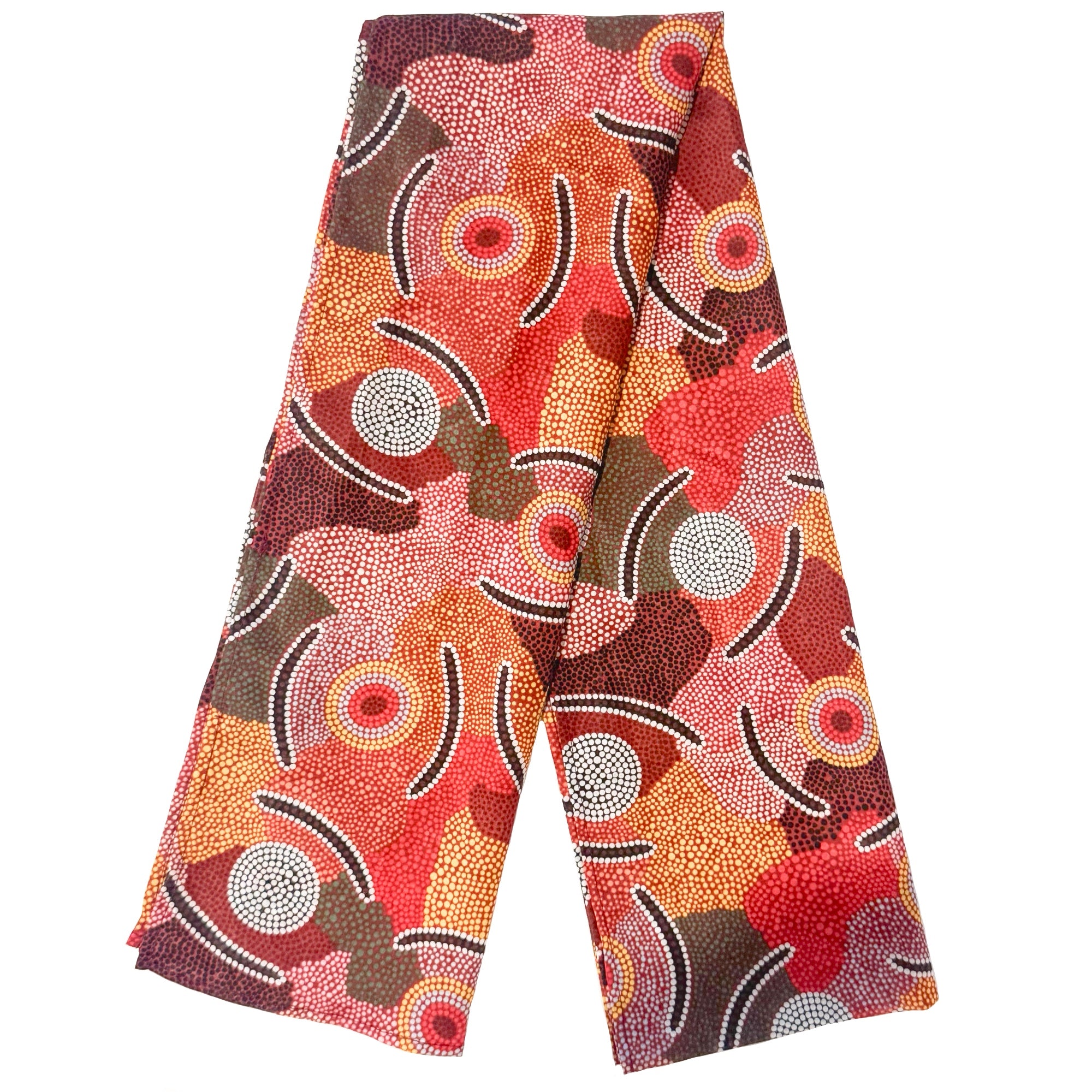 LADIES SCARF - ABORIGINAL ART - MADE IN AUSTRALIA - 100% COTTON CHIFFON - MAN'S CEREMONY - INDIGENOUS, SOUVENIR, GIFT