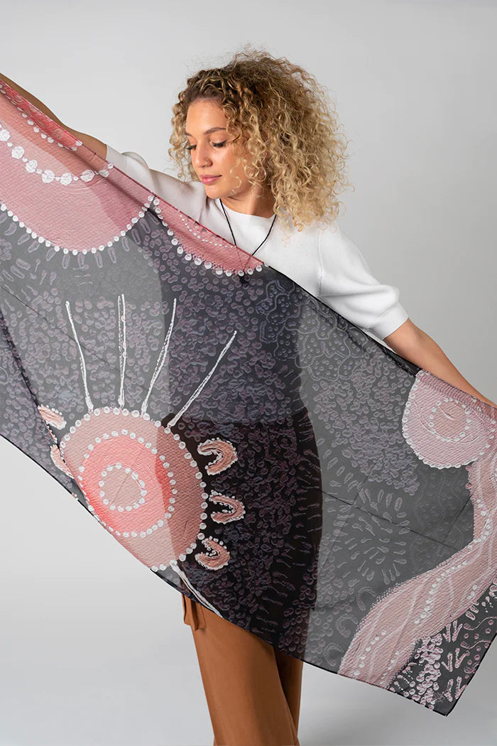 LADIES SCARF - ABORIGINAL ART - LIGHTWEIGHT - MEETING AT THE RIVER - AUSTRALIA, INDIGENOUS, SOUVENIR, GIFT