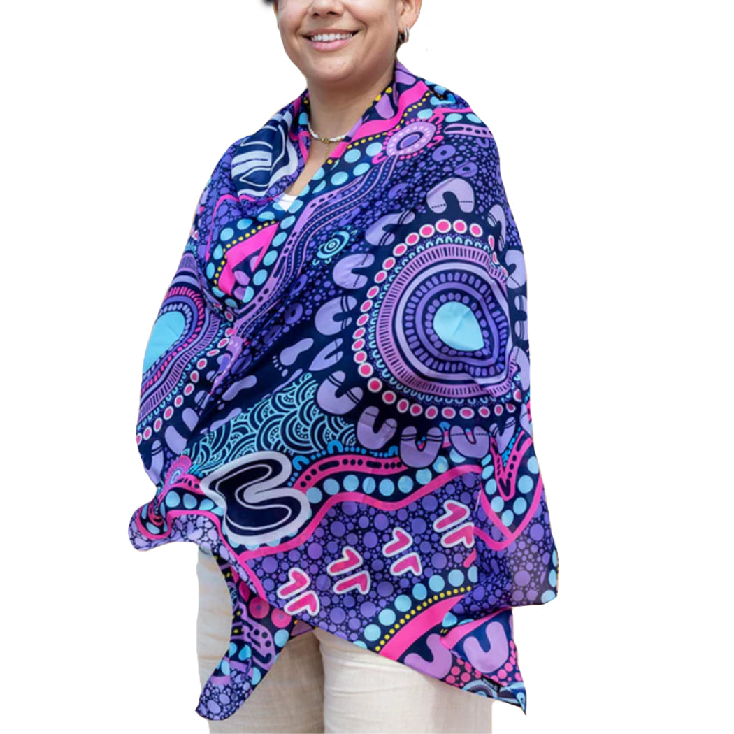 LADIES SCARF - ABORIGINAL ART - LIGHTWEIGHT - MURU TO OUR BIRIWAL - AUSTRALIA, INDIGENOUS, SOUVENIR, GIFT