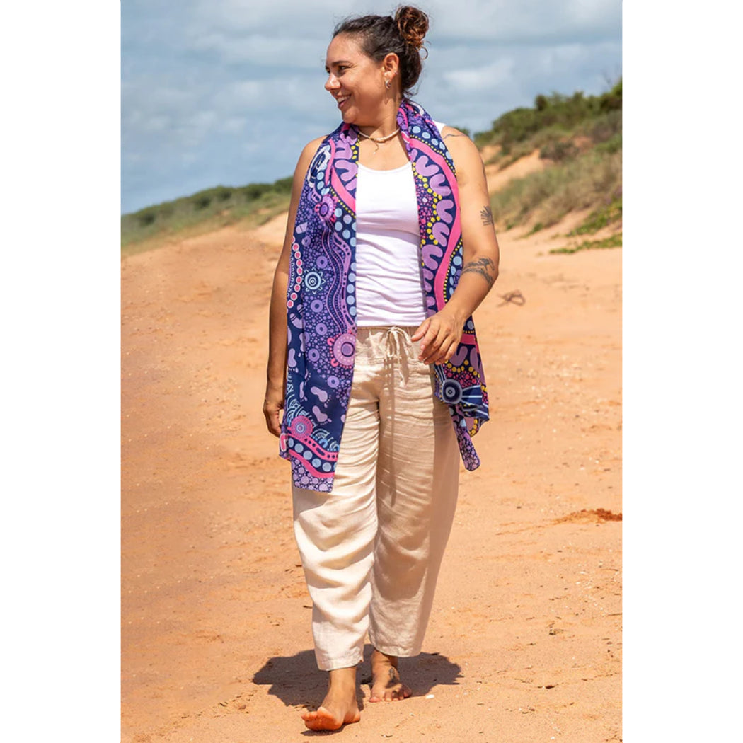LADIES SCARF - ABORIGINAL ART - LIGHTWEIGHT - MURU TO OUR BIRIWAL - AUSTRALIA, INDIGENOUS, SOUVENIR, GIFT