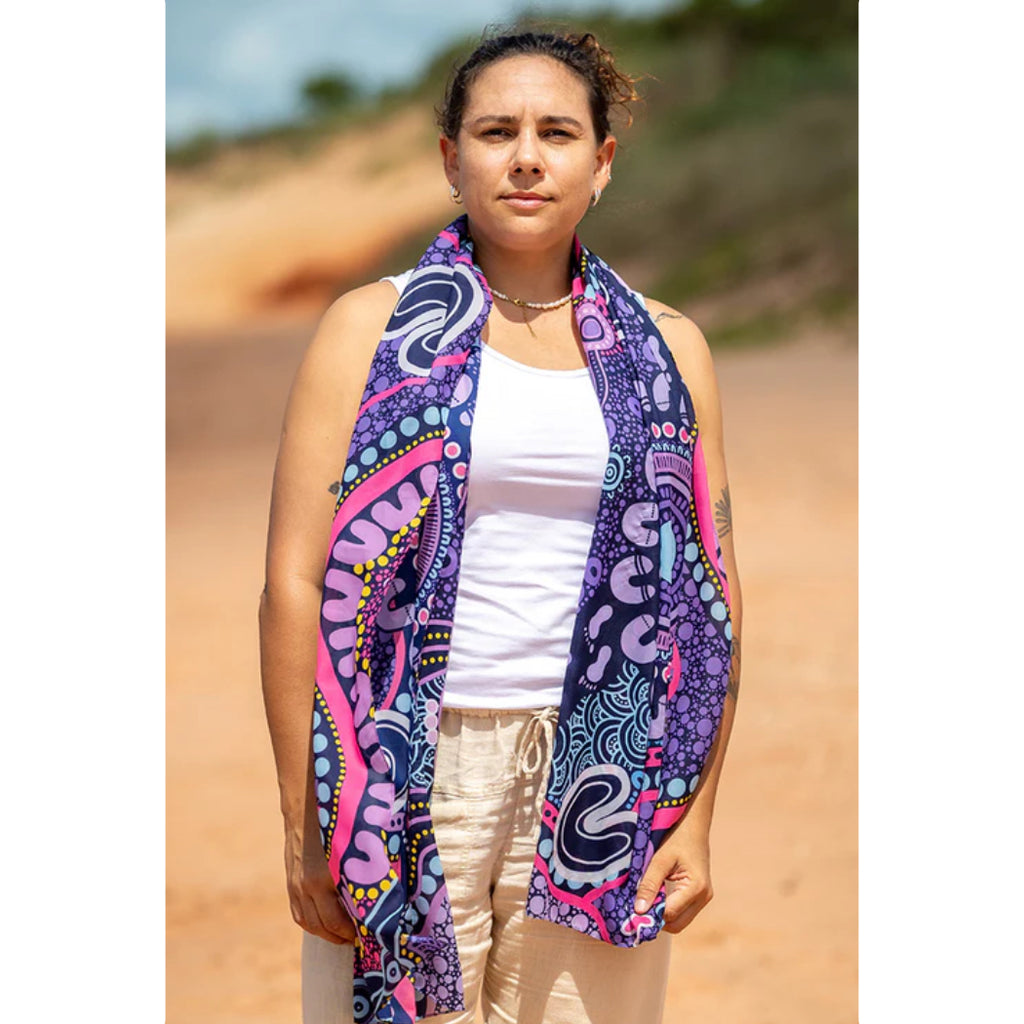 LADIES SCARF - ABORIGINAL ART - LIGHTWEIGHT - MURU TO OUR BIRIWAL - AUSTRALIA, INDIGENOUS, SOUVENIR, GIFT