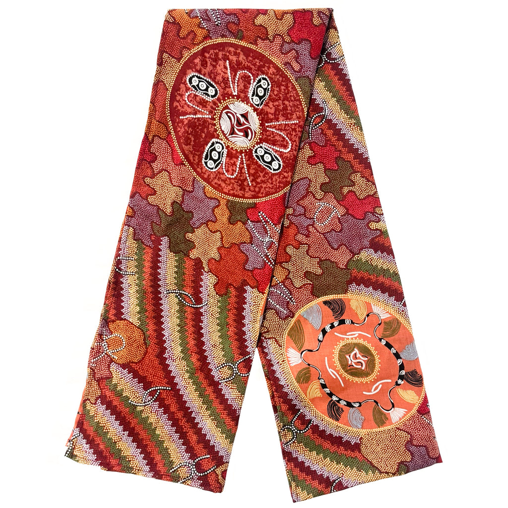 LADIES SCARF - ABORIGINAL ART - MADE IN AUSTRALIA - 100% COTTON CHIFFON - WOMEN'S CORROBOREE - INDIGENOUS, SOUVENIR, GIFT