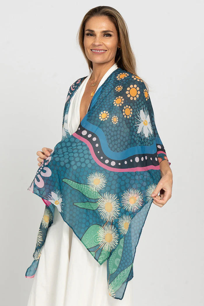 LADIES SHAWL - ABORIGINAL ART - LIGHTWEIGHT - BUSH TUCKER GATHERING - AUSTRALIA, INDIGENOUS, SOUVENIR, GIFT, SCARF, BEACH TOP