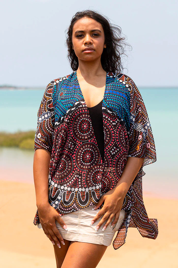 LADIES SHAWL - ABORIGINAL ART - LIGHTWEIGHT - HEAL OUR NURA - AUSTRALIA, INDIGENOUS, SOUVENIR, GIFT, SCARF, BEACH TOP