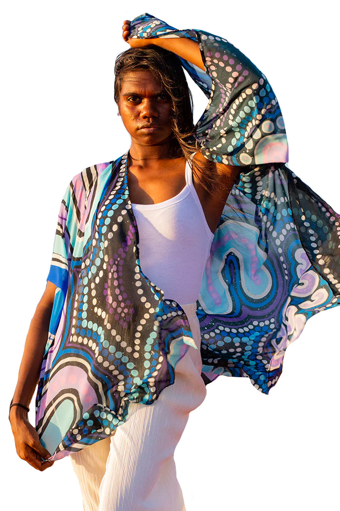 LADIES SHAWL - ABORIGINAL ART - LIGHTWEIGHT - KOORROOKEE GRANDMOTHER - AUSTRALIA, INDIGENOUS, SOUVENIR, GIFT, SCARF, BEACH TOP