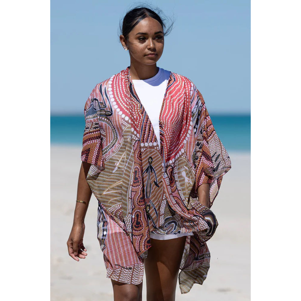 LADIES SHAWL - ABORIGINAL ART - LIGHTWEIGHT - LEAVING FOOTPRINTS - AUSTRALIA, INDIGENOUS, SOUVENIR, GIFT, SCARF, BEACH TOP