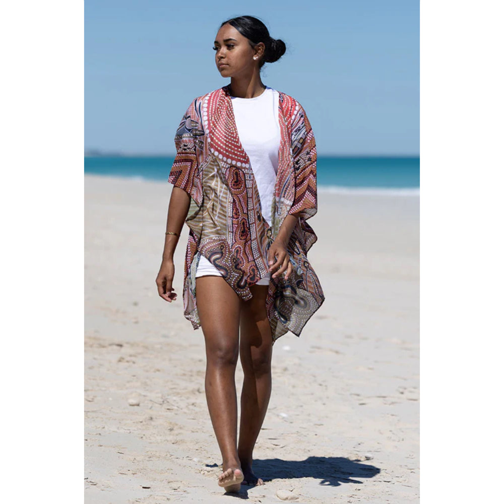 LADIES SHAWL - ABORIGINAL ART - LIGHTWEIGHT - LEAVING FOOTPRINTS - AUSTRALIA, INDIGENOUS, SOUVENIR, GIFT, SCARF, BEACH TOP