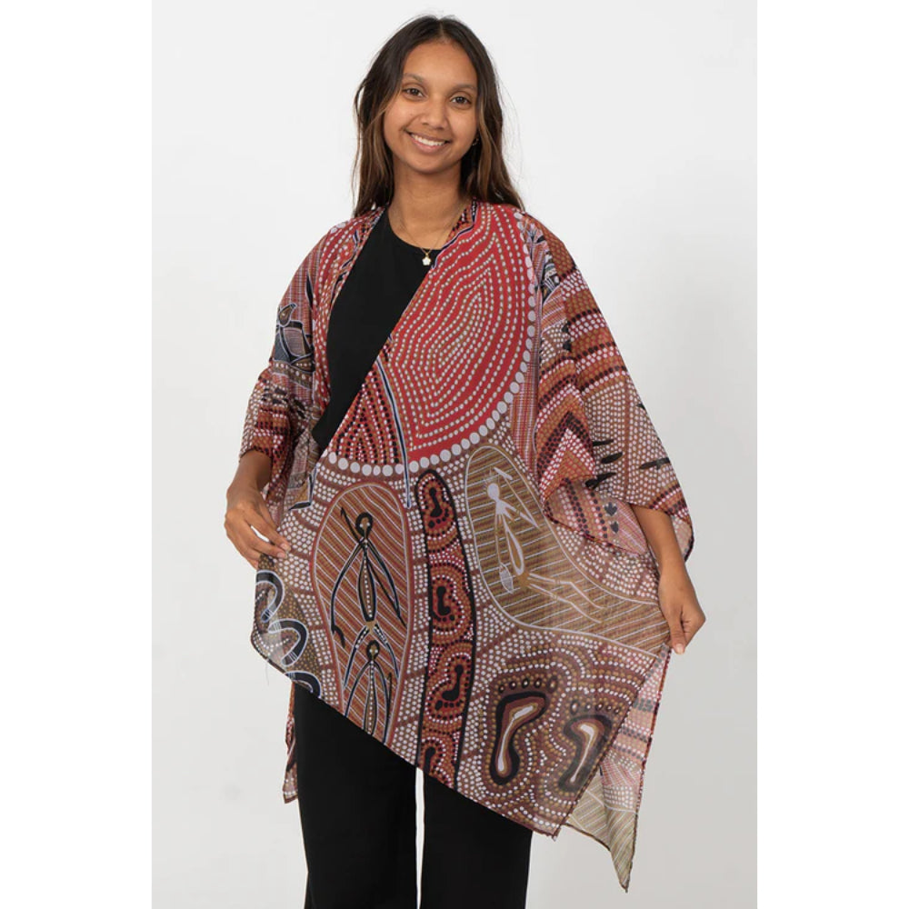 LADIES SHAWL - ABORIGINAL ART - LIGHTWEIGHT - LEAVING FOOTPRINTS - AUSTRALIA, INDIGENOUS, SOUVENIR, GIFT, SCARF, BEACH TOP