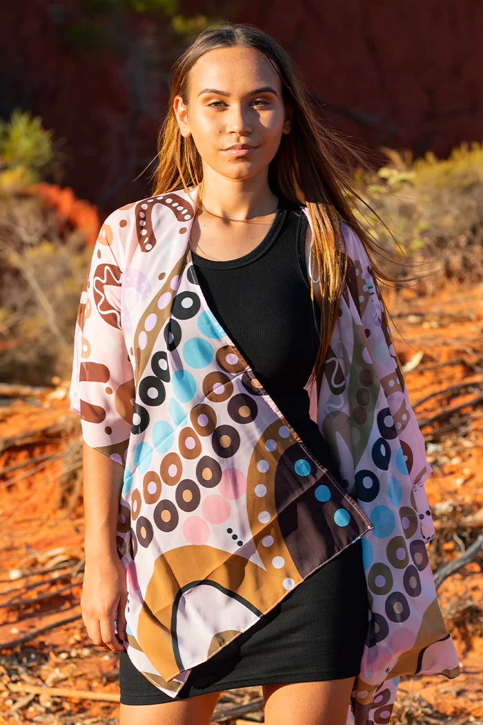 LADIES SHAWL - ABORIGINAL ART - LIGHTWEIGHT - THE TIME IS NOW - AUSTRALIA, INDIGENOUS, SOUVENIR, GIFT, SCARF, BEACH TOP