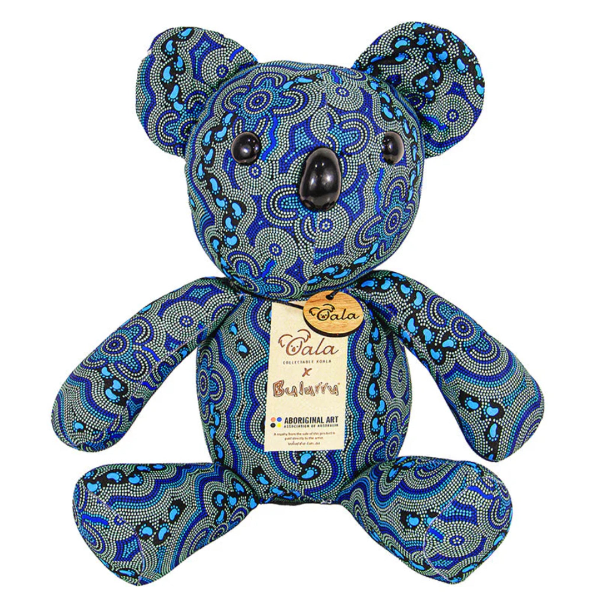 KOALA SOFT TOY, 29cm - COLLECTABLE - ABORIGINAL ART - ON WALKABOUT BLUE - AUSTRALIA, INDIGENOUS, SOUVENIR, GIFT