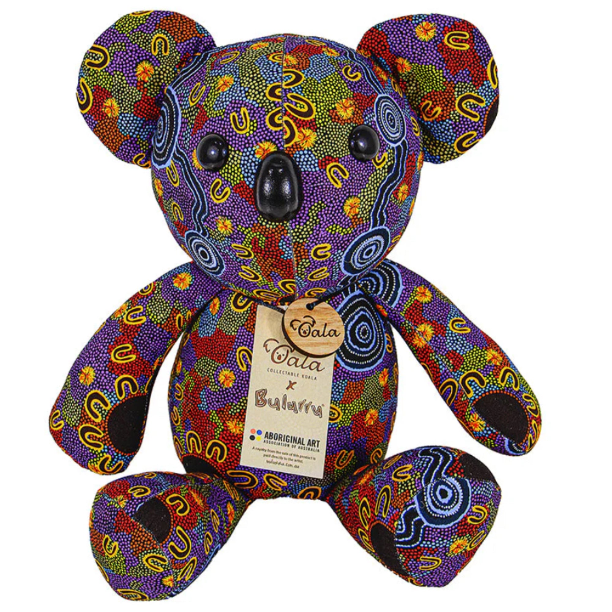 KOALA SOFT TOY, 29cm - COLLECTABLE - ABORIGINAL ART - WOMEN GATHERING AT WATERHOLES - AUSTRALIA, INDIGENOUS, SOUVENIR, GIFT