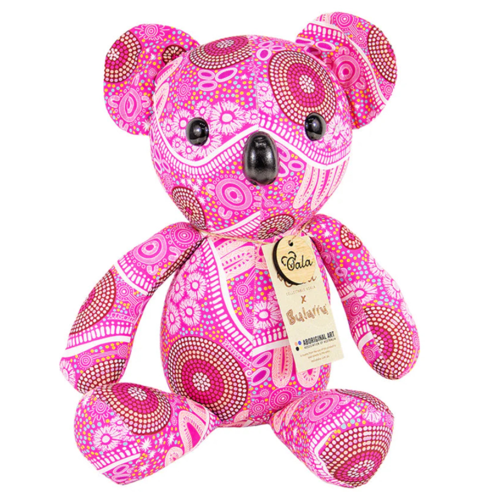 KOALA SOFT TOY, 29cm - COLLECTABLE - ABORIGINAL ART - WOMEN'S JOURNEY, PINK - AUSTRALIA, INDIGENOUS, SOUVENIR, GIFT