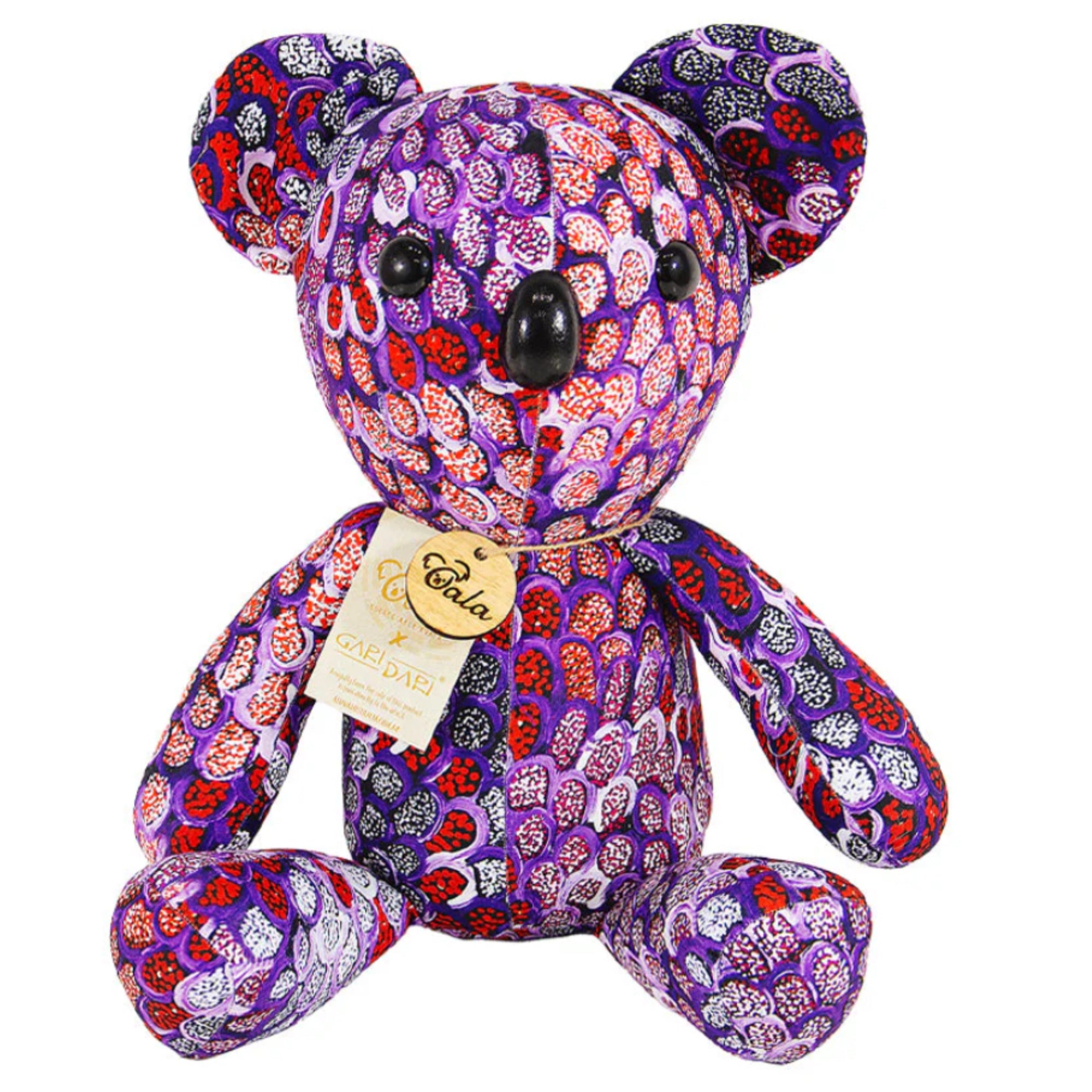 KOALA SOFT TOY, 29cm - COLLECTABLE - ABORIGINAL ART - CINDY WALLACE, PURPLE - AUSTRALIA, INDIGENOUS, SOUVENIR, GIFT