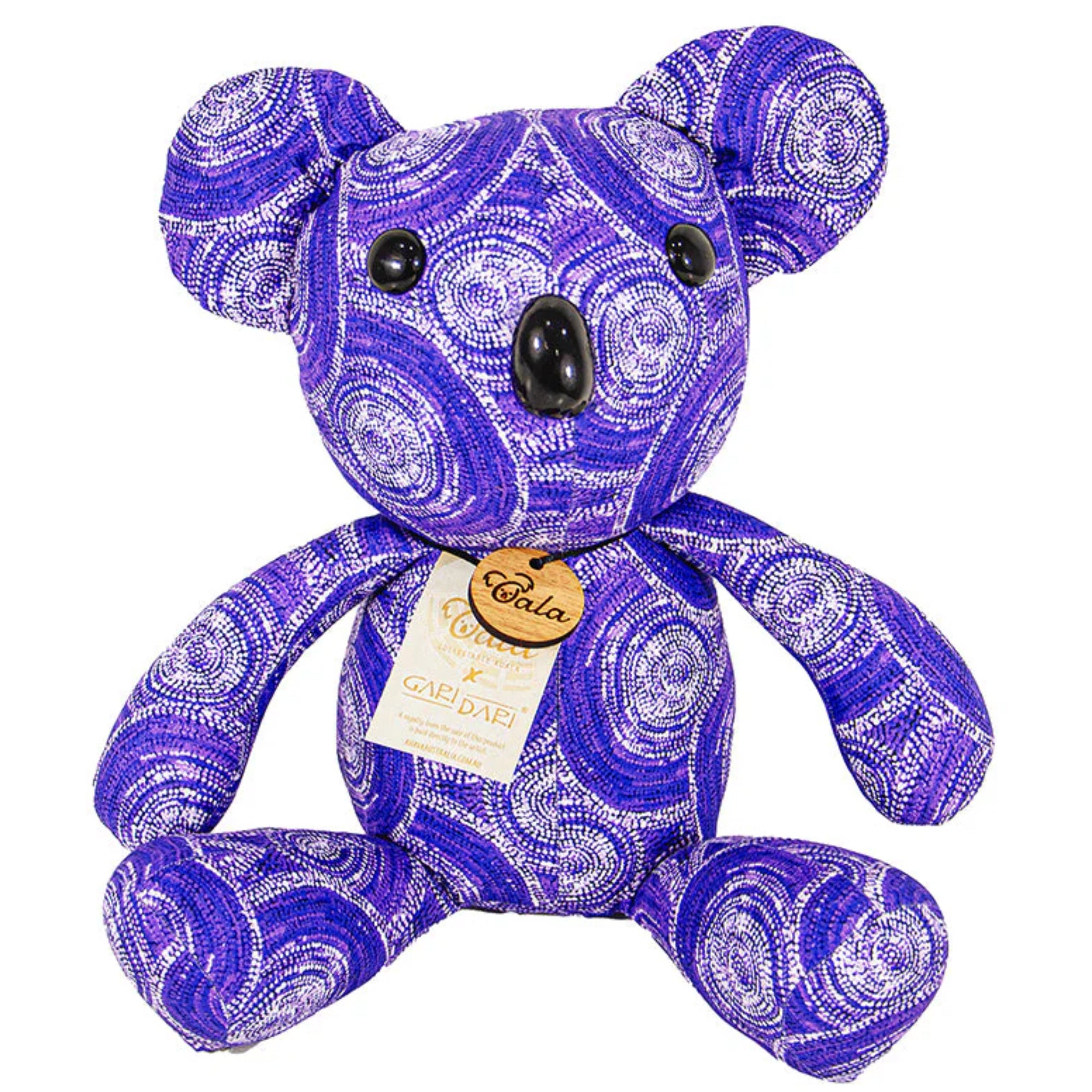 KOALA SOFT TOY, 29cm - COLLECTABLE - ABORIGINAL ART - SABRINA ROBERTSON, PURPLE - AUSTRALIA, INDIGENOUS, SOUVENIR, GIFT