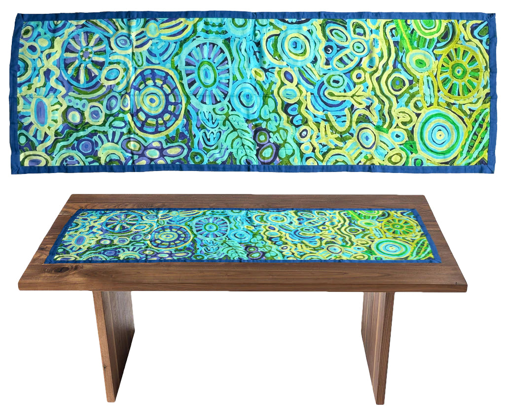 TABLE RUNNER - ABORIGINAL ART - 150x45cm - 100% COTTON - CEDRIC VARCOE - AUSTRALIA, INDIGENOUS, SOUVENIR, GIFT