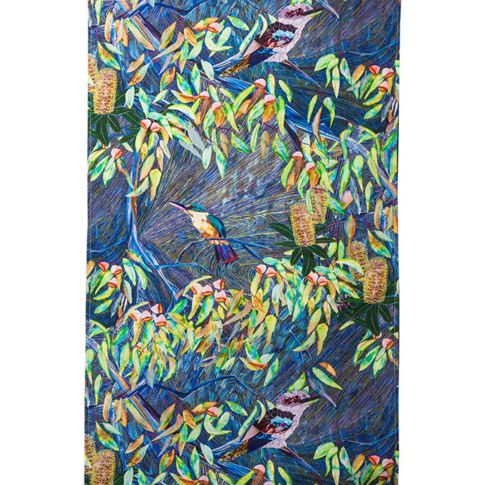 TEA TOWEL, KITCHEN TOWEL - AUSTRALIAN ART - MADE IN AUSTRALIA - 100% COTTON - KOOKABURRA & KINGFISHER BIRD - SOUVENIR, GIFT