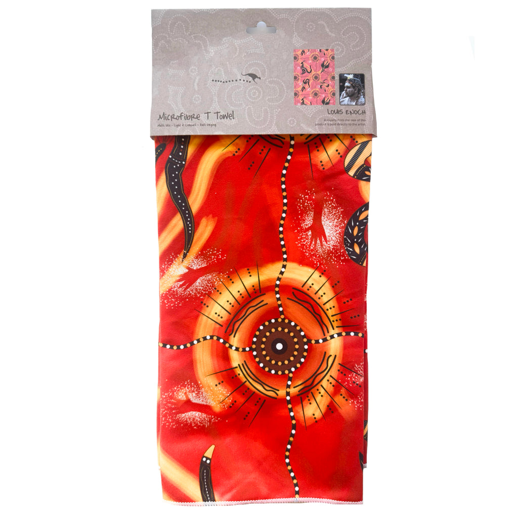 TEA TOWEL, KITCHEN TOWEL - ABORIGINAL ART - MEETING PLACE FIRE - 100% MICROFIBRE - AUSTRALIA, INDIGENOUS, SOUVENIR, GIFT