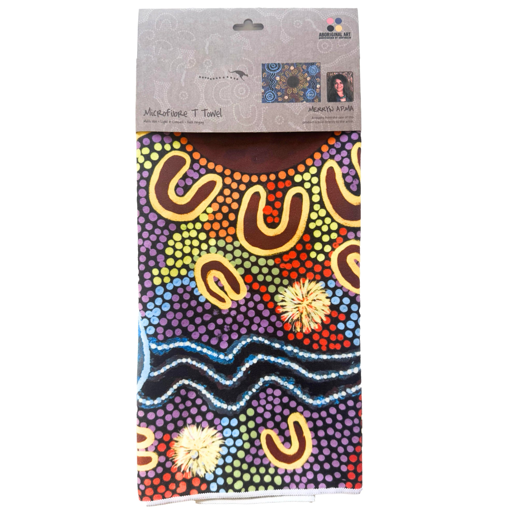 TEA TOWEL, KITCHEN TOWEL - ABORIGINAL ART - WOMEN GATHERING AT WATERHOLES - 100% MICROFIBRE - AUSTRALIA, INDIGENOUS, SOUVENIR, GIFT