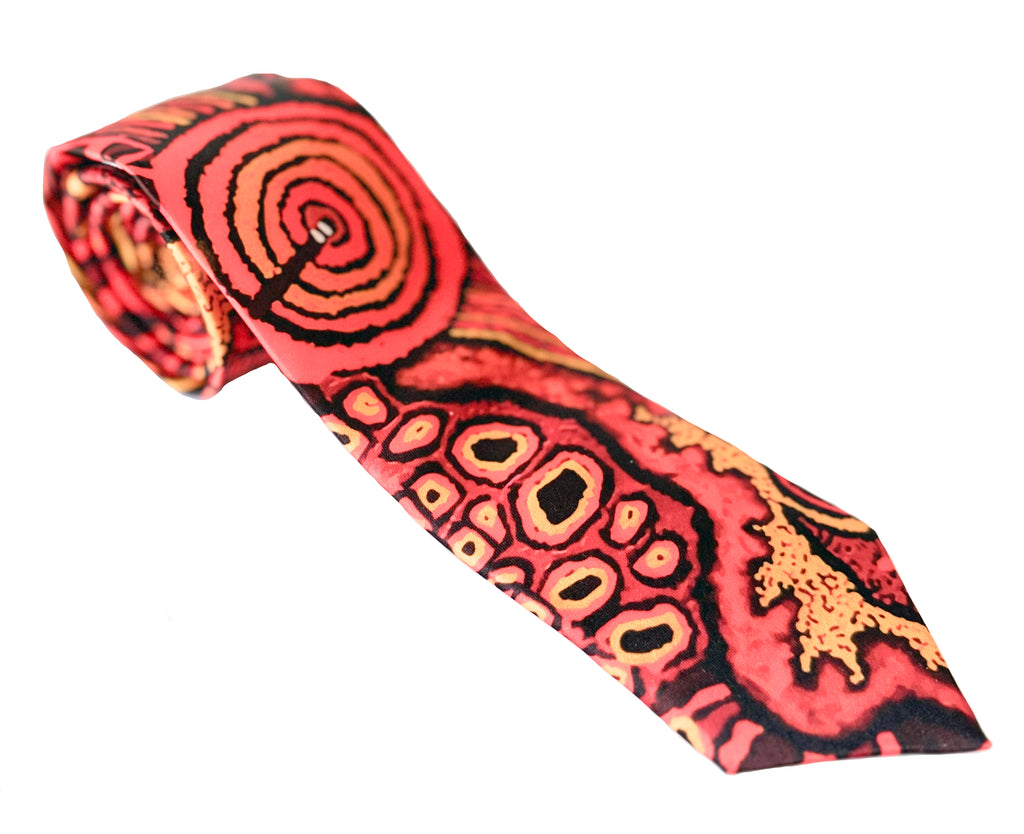 MENS TIE, NECKTIE, SUIT TIE - GIFT BOXED - ABORIGINAL ART - 100% POLYESTER - DAMIEN & YILPI MARKS, ORANGE - AUSTRALIA, INDIGENOUS, SOUVENIR, GIFT