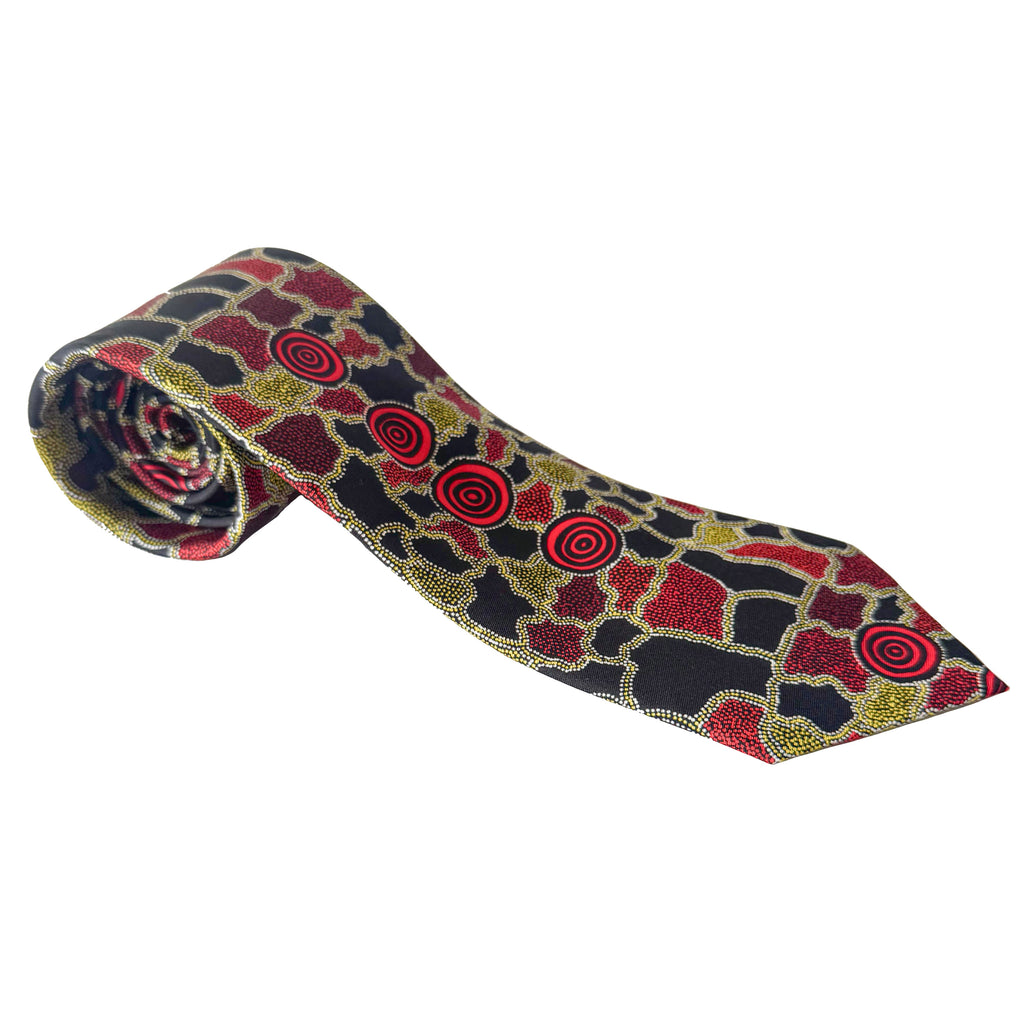 MENS TIE, NECKTIE, SUIT TIE - ABORIGINAL ART - 100% SILK - DESERT CAMPS - AUSTRALIA, INDIGENOUS, SOUVENIR, GIFT