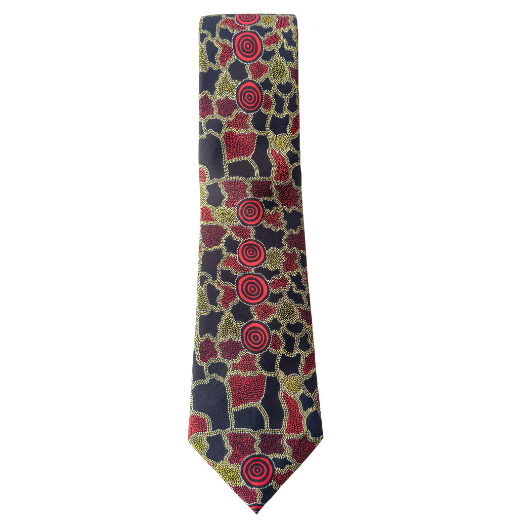 MENS TIE, NECKTIE, SUIT TIE - ABORIGINAL ART - 100% SILK - DESERT CAMPS - AUSTRALIA, INDIGENOUS, SOUVENIR, GIFT