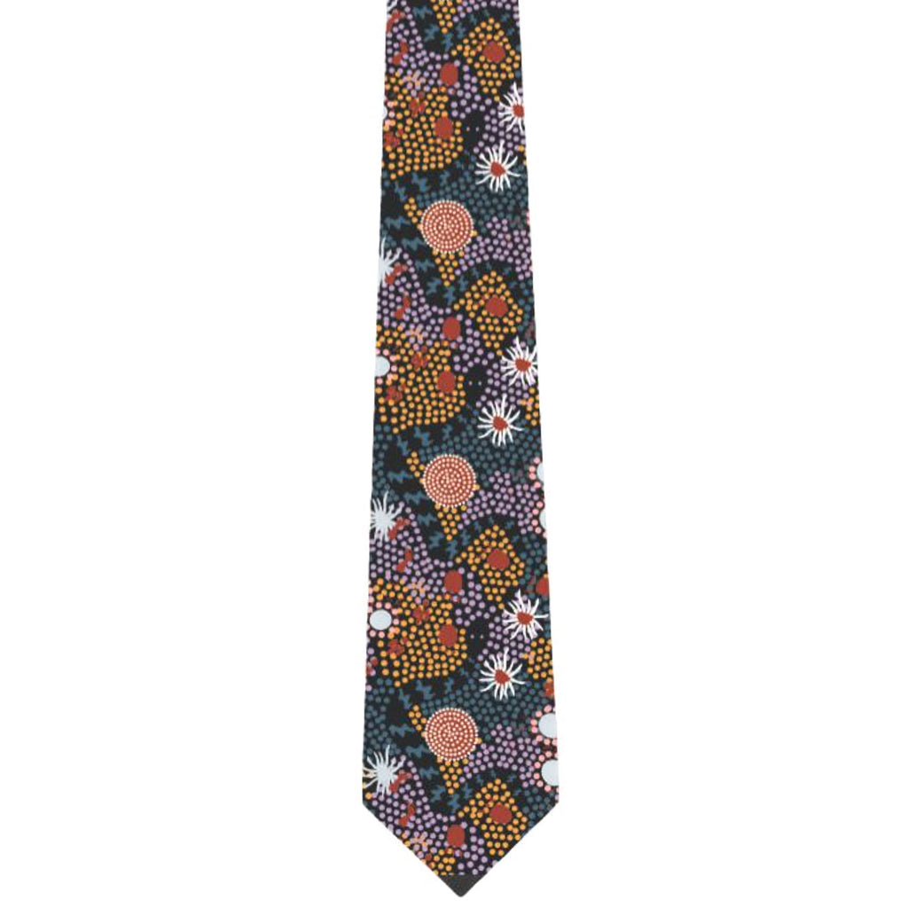 MENS TIE, NECKTIE, SUIT TIE - ABORIGINAL ART - 100% SILK - FROM THE BUSH - AUSTRALIA, INDIGENOUS, SOUVENIR, GIFT