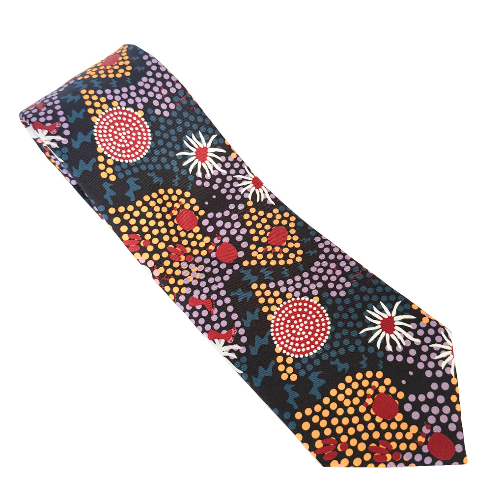 MENS TIE, NECKTIE, SUIT TIE - ABORIGINAL ART - 100% SILK - FROM THE BUSH - AUSTRALIA, INDIGENOUS, SOUVENIR, GIFT