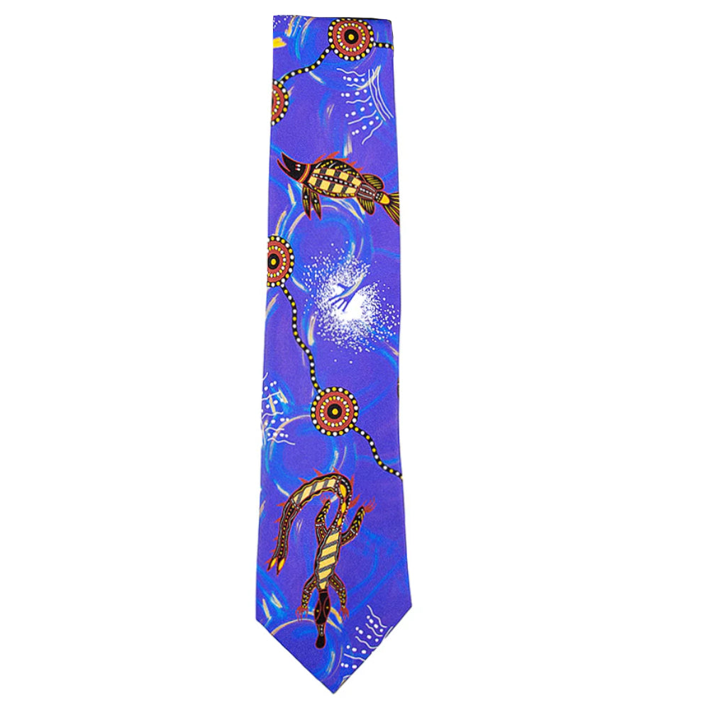 MENS TIE, NECKTIE, SUIT TIE - ABORIGINAL ART - 100% SILK - MEETING PLACE WATER - AUSTRALIA, INDIGENOUS, SOUVENIR, GIFT