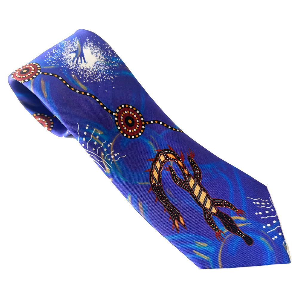 MENS TIE, NECKTIE, SUIT TIE - ABORIGINAL ART - 100% SILK - MEETING PLACE WATER - AUSTRALIA, INDIGENOUS, SOUVENIR, GIFT