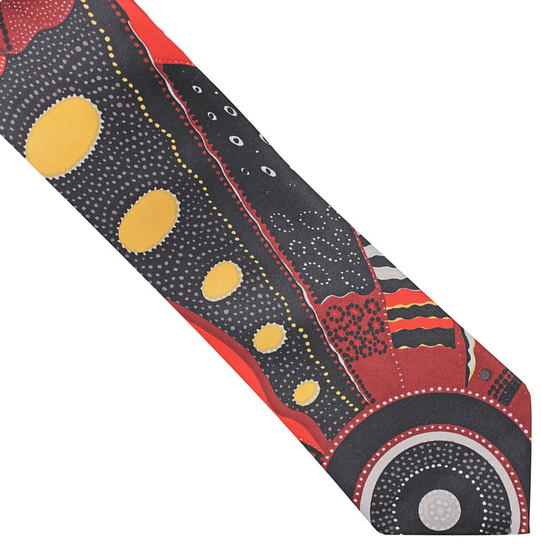MENS TIE, NECKTIE, SUIT TIE - MADE IN AUSTRALIA - ABORIGINAL ART - 100% POLYESTER - NORMAN COX, RED, YELLOW, BLACK - AUSTRALIA, INDIGENOUS, SOUVENIR, GIFT