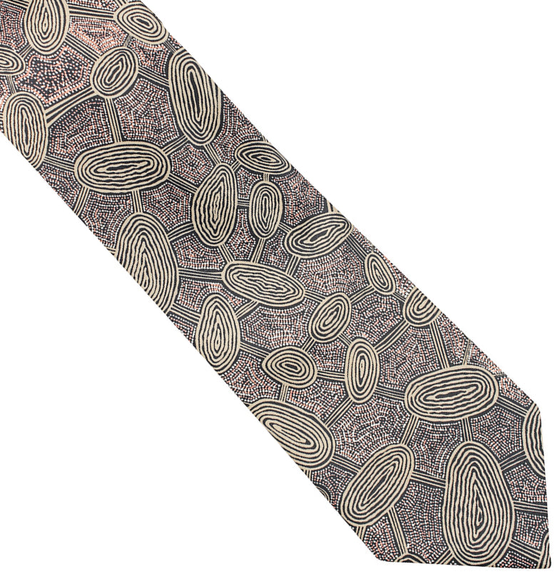 MENS TIE, NECKTIE, SUIT TIE - MADE IN AUSTRALIA - ABORIGINAL ART - 100% POLYESTER - TRAVEL DREAM, BROWN - AUSTRALIA, INDIGENOUS, SOUVENIR, GIFT