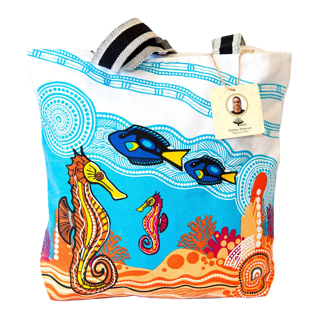 TOTE BAG, SHOPPING BAG, BEACH BAG - ABORIGINAL ART - SEAHORSE - AUSTRALIA, INDIGENOUS, SOUVENIR, GIFT