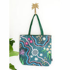 TOTE BAG, SHOPPING BAG, BEACH BAG - ABORIGINAL ART - BUSH TUCKER GATHERING - AUSTRALIA, INDIGENOUS, SOUVENIR, GIFT