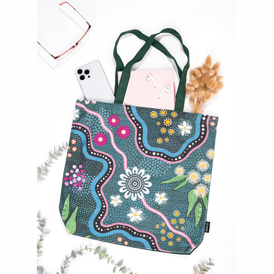 TOTE BAG, SHOPPING BAG, BEACH BAG - ABORIGINAL ART - BUSH TUCKER GATHERING - AUSTRALIA, INDIGENOUS, SOUVENIR, GIFT