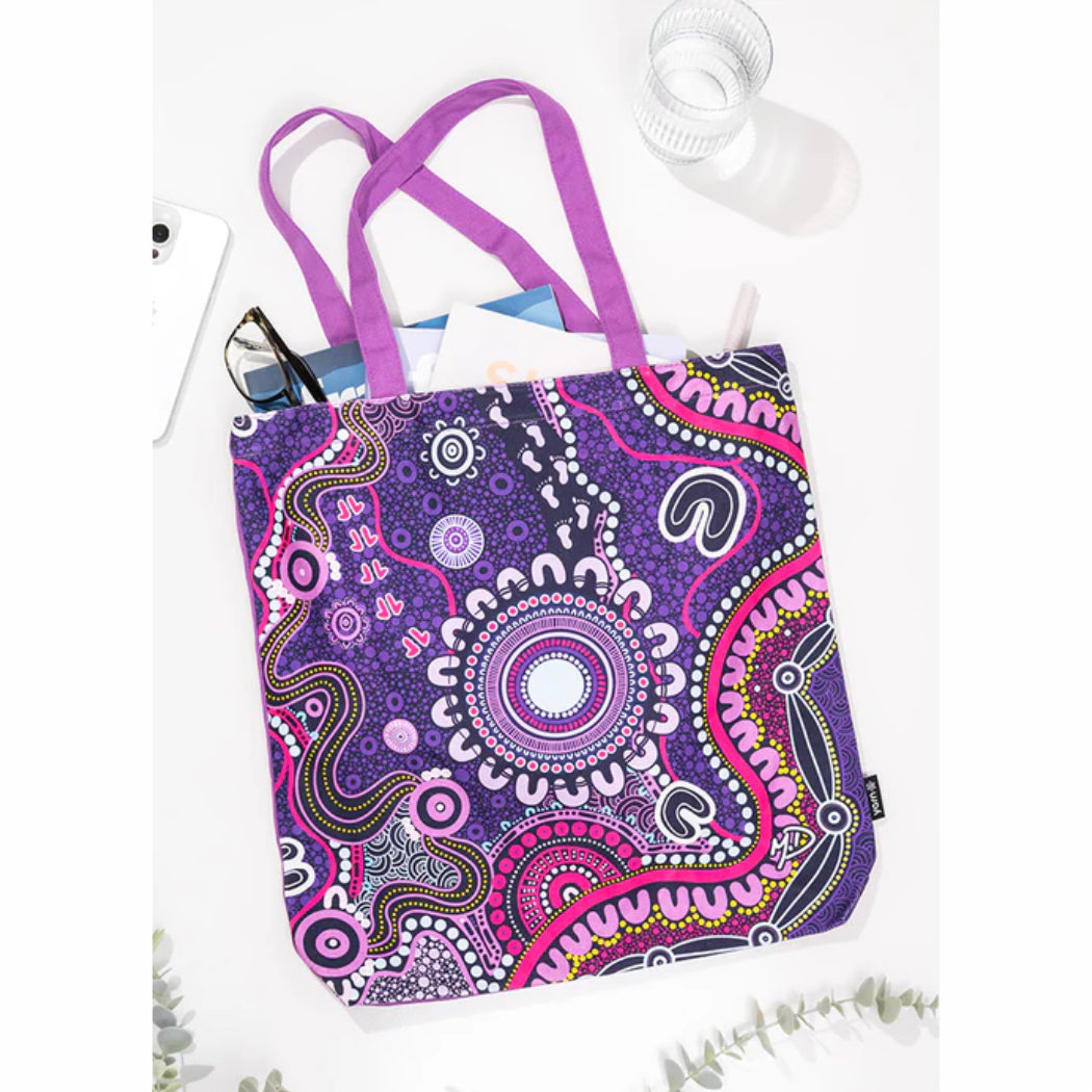 TOTE BAG, SHOPPING BAG, BEACH BAG - ABORIGINAL ART - MURU TO OUR BIRIWAL - AUSTRALIA, INDIGENOUS, SOUVENIR, GIFT