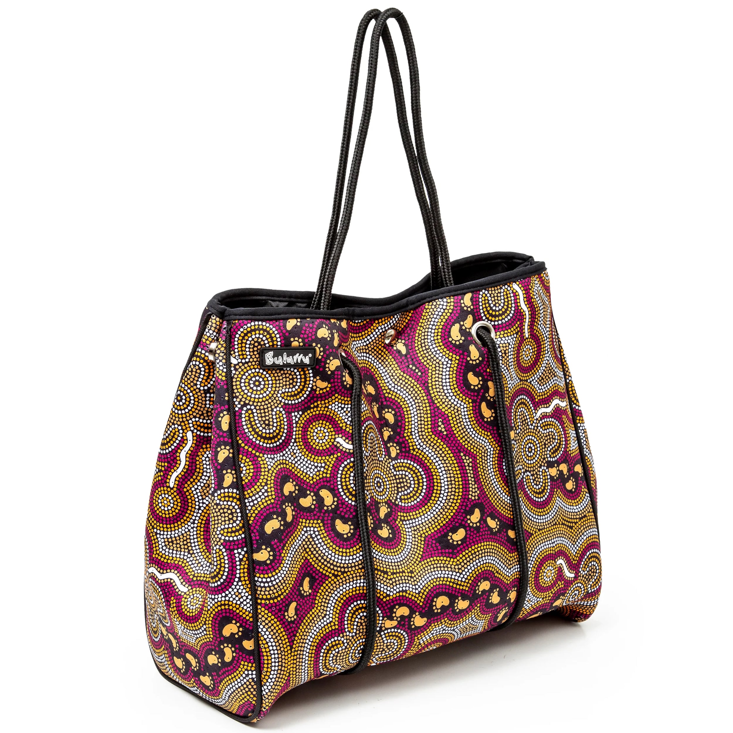 LARGE HAND BAG, TOTE BAG, URBAN BAG - ABORIGINAL ART - ON WALKABOUT WINE - AUSTRALIA, INDIGENOUS, SOUVENIR, GIFT